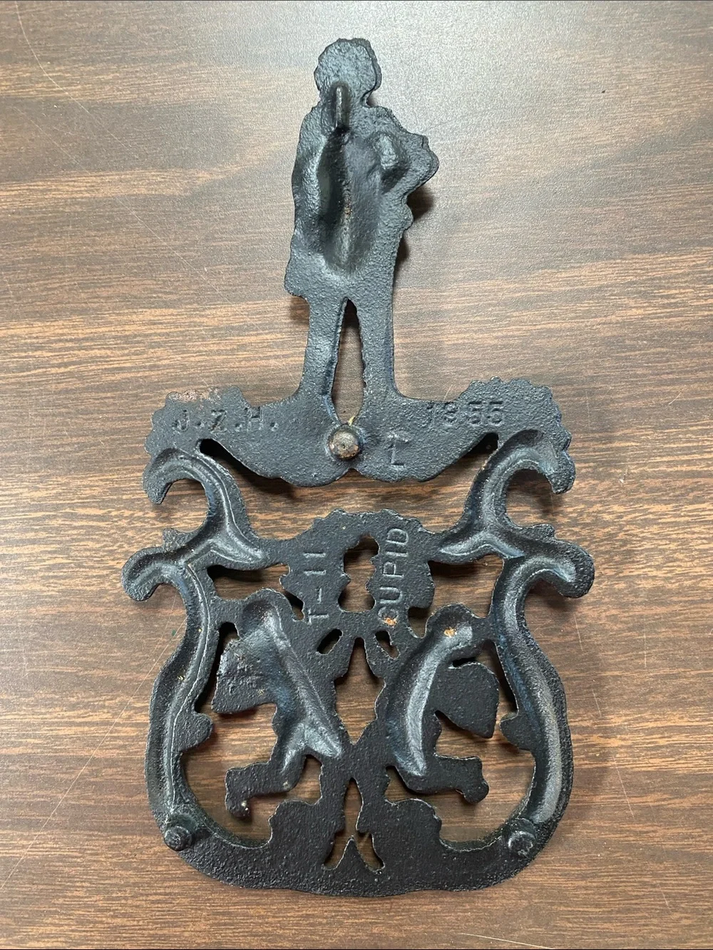 Vintage J.Z.H. T-11 1955 Black Cast Iron Trivet  Cupid Cherubs and Gentleman USA